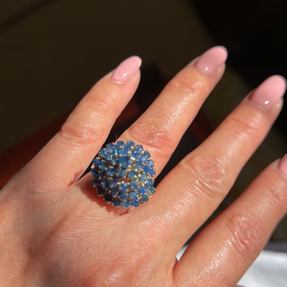 Jewelry - Sold-14K Yellow Gold Spiral Cluster Cocktail Natural Round Shape Blue Sapphire